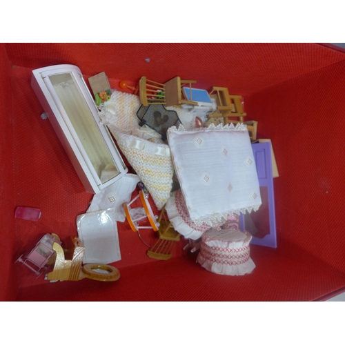 2185 - Approx 40 items of dolls house furniture in red leather-effect storage box