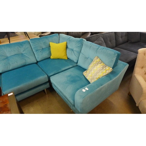 1306 - A turquoise velvet and button back cushioned LHF corner sofa