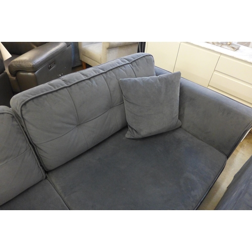 1312 - A space blue velvet and pinched back cushioned four seater sofa and loveseat