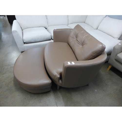 1355 - A mocha tan leather upholstered button back loveseat with footstool