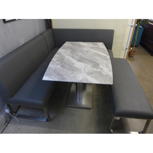 1359 - A Saturn fixed top marble and chrome display table with a grey leather effect bench set