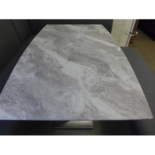 1359 - A Saturn fixed top marble and chrome display table with a grey leather effect bench set