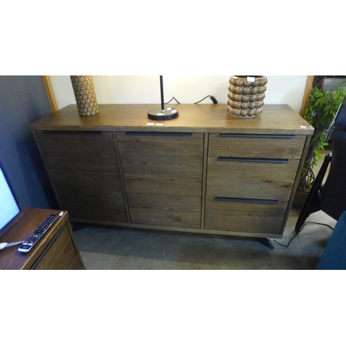 1378 - A Sapporo fixed top darkwood and black metal two door three drawer sideboard