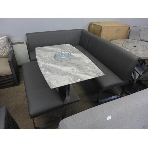 1414 - A Saturn fixed top marble effect and chrome dining table with a grey leather effect bench set