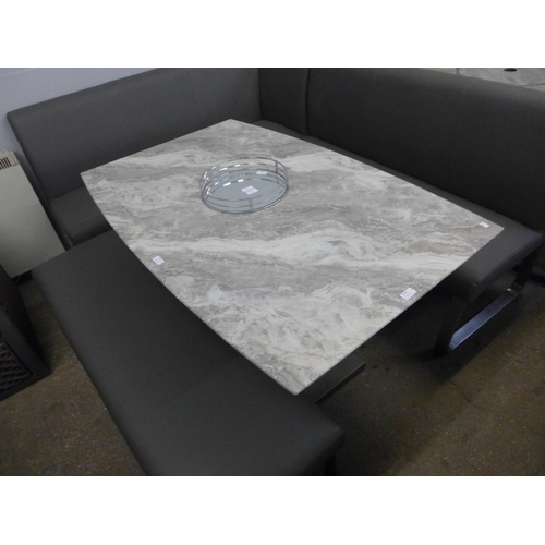 1414 - A Saturn fixed top marble effect and chrome dining table with a grey leather effect bench set