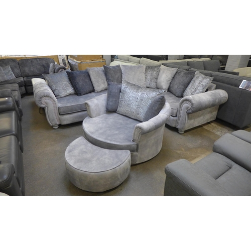 1470 - A Dynasty silver upholstered and studded corner sofa and swivel loveseat with footstool * This lot i... 