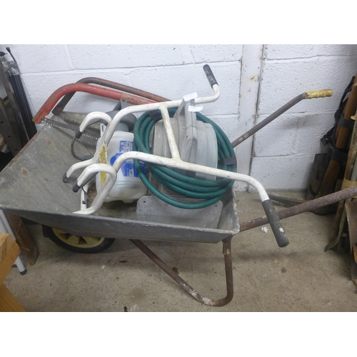 2295 - Wheel barrow with wall mounting hose pipe ladder stand of sprayer and 2 bow saws