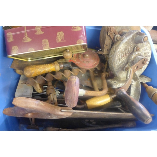 2024 - Tub of vintage tools with 2 metal draws and part reel of 6mm twin and earth cable