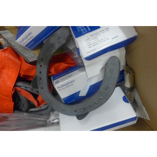 2222 - Box of misc. tooling, barrel locks, chainsaw blades, Axle stands mostly unused, metal shoe horns, et... 