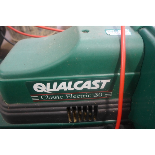 2248 - Qualcast classic electric 30 electric lawnmower with collector, evergreen seed spreader and garden s... 