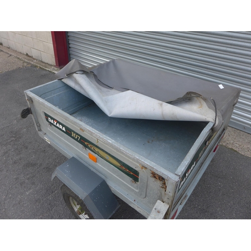 2361 - Daxara 107 4 x 3 galvanised camping/tipping trailer, load cover, jockey & spare wheel with lights. S... 