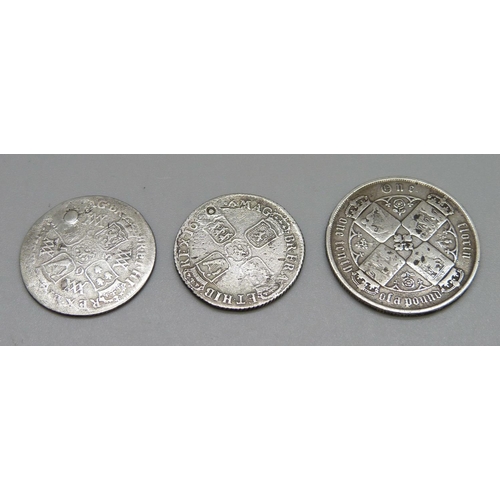 1050 - A William III shilling, William and Mary shilling 1693, both repaired, and a Victorian Gothic florin