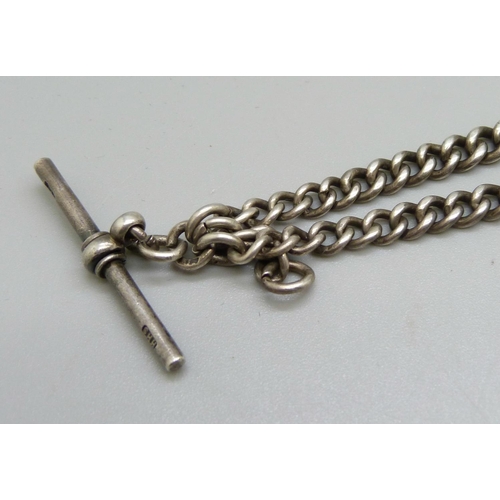 1078 - A silver double Albert watch chain, 34g, 37cm, with a seal fob