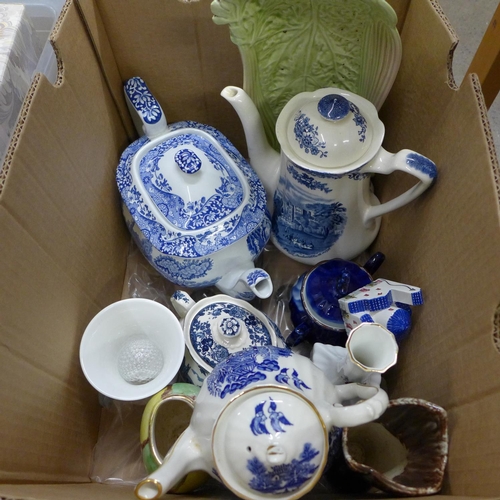 1118 - China including a Spode Italian teapot, Coalport collectors plates, brass weights, a small crystal c... 