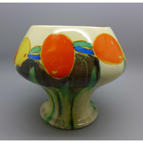 602 - A Clarice Cliff Delecia Citrus pattern vase (small hairline crack), 13.5cm