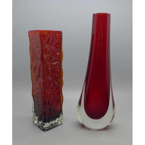 608 - A Whitefriars ruby red glass vase and one other vase