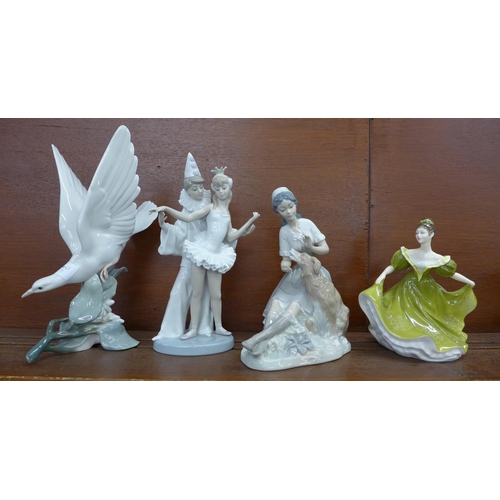 609 - Two Lladro figures, (fingers a/f on ballet dancer), a Nao figure and a Royal Doulton figure, Lynne