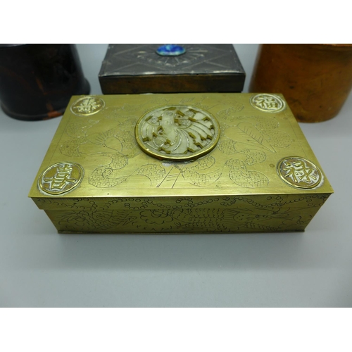 619 - Two 19th Century snuff boxes, a Chinese brass box, a lacquered box and three others