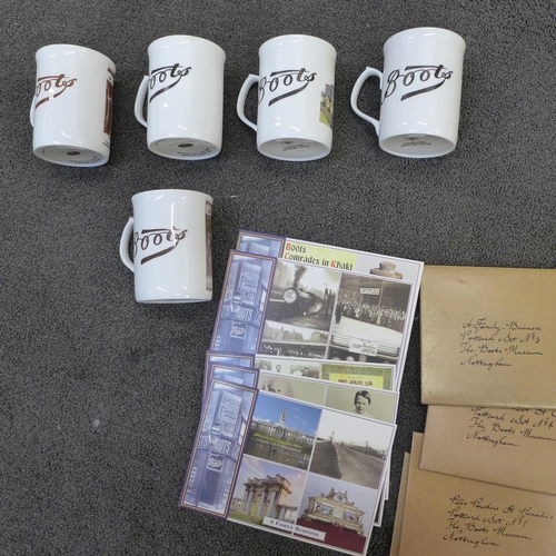 693 - A collection of Boots Museum items, cups, commemorative plates and postcards