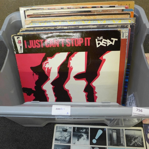 756 - A box of 40 various LP records including The Jam, Pretenders, Dire Straits, U2, etc.