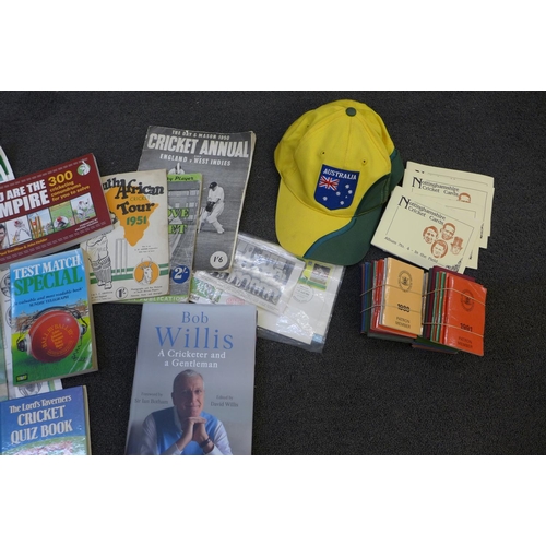 757 - Cricket ephemera, posters, members booklets, paperback books, FDC's, cap, etc.