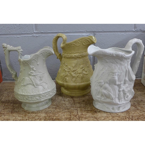 826 - Three relief moulded harvest jugs, Ridgway & Co. x2 and Portmeirion