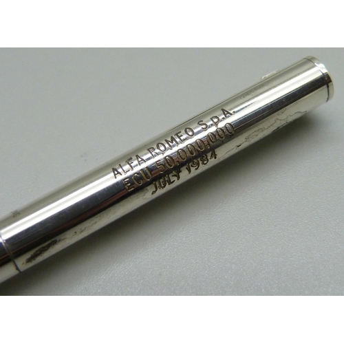 854 - A silver Tiffany ballpoint pen, with Alfa Romeo inscription dated 1984