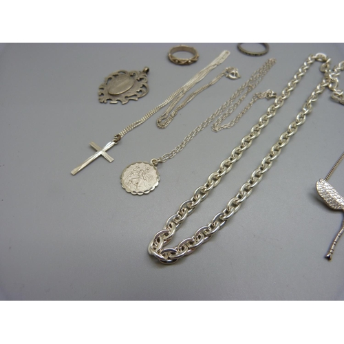 858 - A collection of silver including an Edwardian fob marked W.J.D, a dragonfly necklace, a silver chain... 