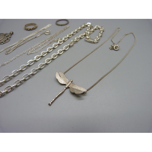 858 - A collection of silver including an Edwardian fob marked W.J.D, a dragonfly necklace, a silver chain... 