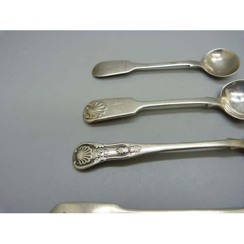 865 - Four 19th Century silver mustard spoons, including two Exeter and one Edinburgh, 61g