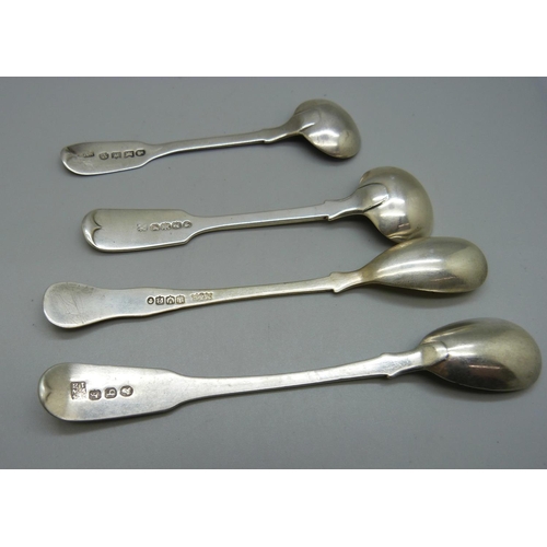 865 - Four 19th Century silver mustard spoons, including two Exeter and one Edinburgh, 61g