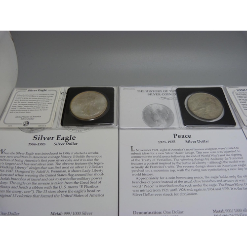 870 - Four 900 silver US $1 coins, with certificates