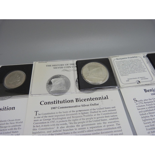 872 - Six coins including a 900 silver Constitution Bicentennial $1 and a 400 silver Bicentennial $1