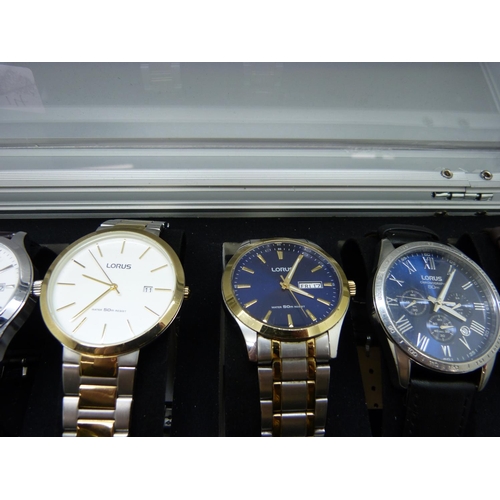 877 - A case of six wristwatches, all Lorus, one glass a/f