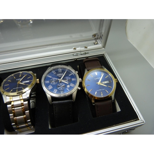 877 - A case of six wristwatches, all Lorus, one glass a/f