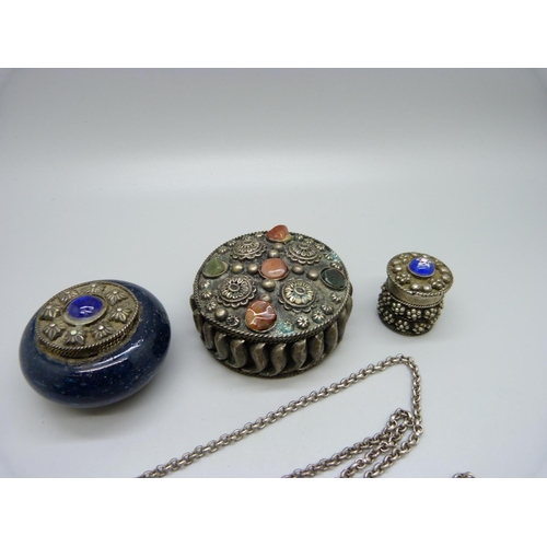 893 - A scent bottle, an agate set box, one other circular box and a millefiori set pill box