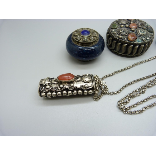 893 - A scent bottle, an agate set box, one other circular box and a millefiori set pill box