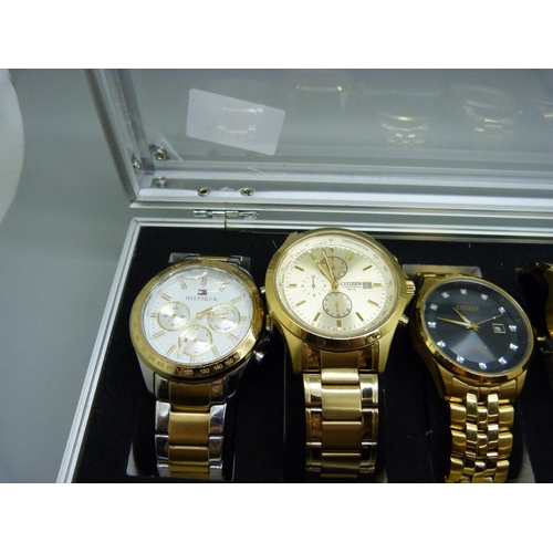 922 - A case of six wristwatches, Citizen, Guess, Boss and Hilfiger, (Hilfiger glass a/f)