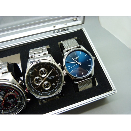 923 - A case of six wristwatches, Sekonda, Accurist, Guess, Pulsar and Limit