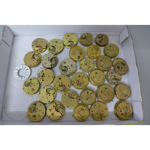 928 - Twenty-nine 19th Century pocket watch movements, majority centre-seconds chronograph, including fuse... 