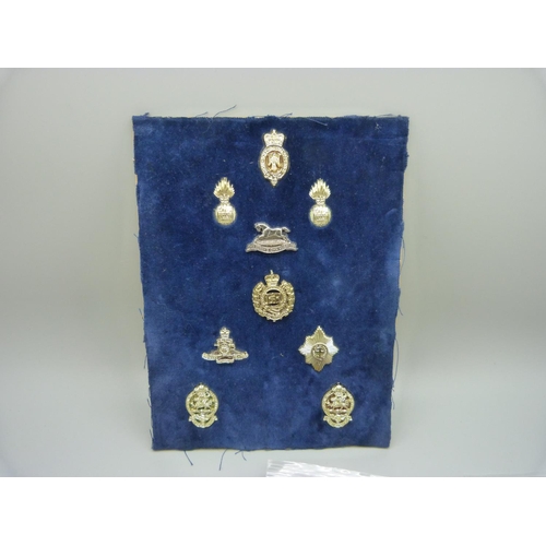 929 - Twenty assorted Regimental cap badges and a board of miniatures