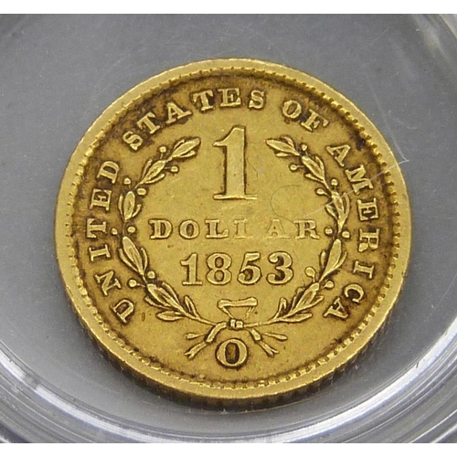 941 - A United States of America 1853 one dollar gold coin, 900 gold, 1.67g, minted from 1849 to 1889, New... 