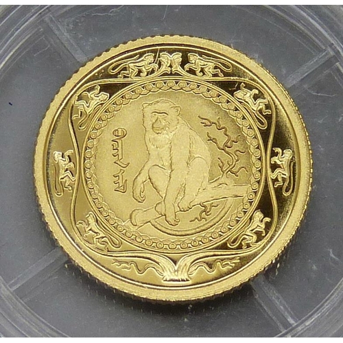 942 - A Mongolia proof (Year of the Monkey) 500 Togrog gold coin, 999.9 pure gold, 1/25oz.