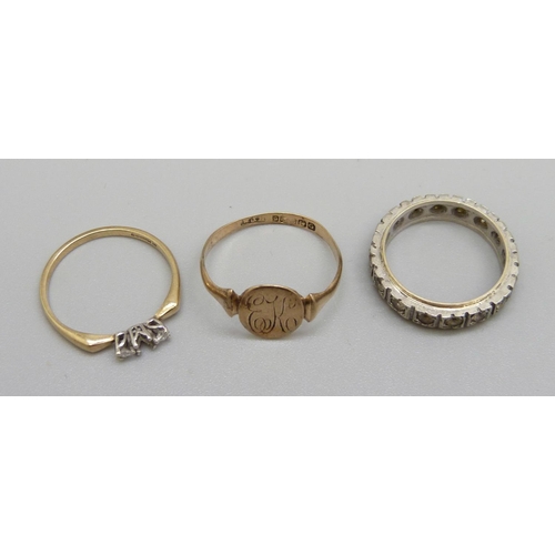 954 - Two 9ct gold rings, one a/f, stones missing, and a 9ct gold and silver ring, (9ct rings 2.8g), Q, N ... 