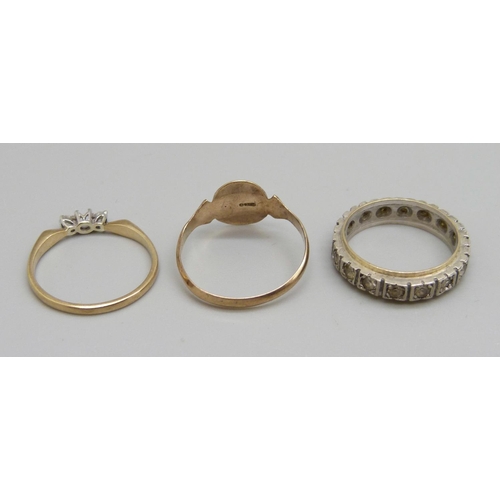 954 - Two 9ct gold rings, one a/f, stones missing, and a 9ct gold and silver ring, (9ct rings 2.8g), Q, N ... 