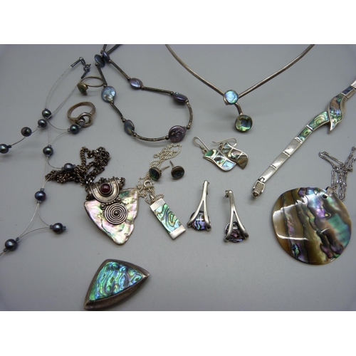 971 - A collection of silver jewellery, some set with abalone and pearl