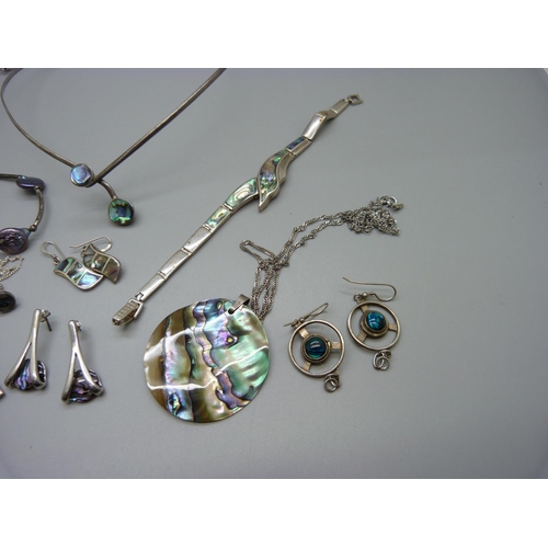 971 - A collection of silver jewellery, some set with abalone and pearl