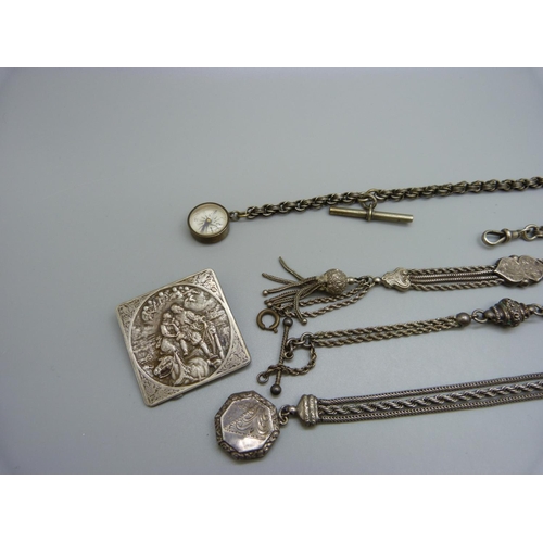 972 - A locket on an Albertina chain, two other Albertina chains, an Albert chain with compass and a brooc... 