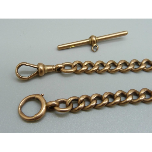 991 - A 9ct gold Albert chain, 52.7g, links worn and T-bar loop a/f