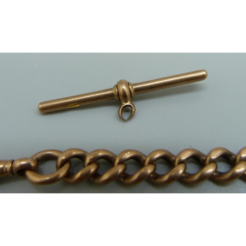 991 - A 9ct gold Albert chain, 52.7g, links worn and T-bar loop a/f